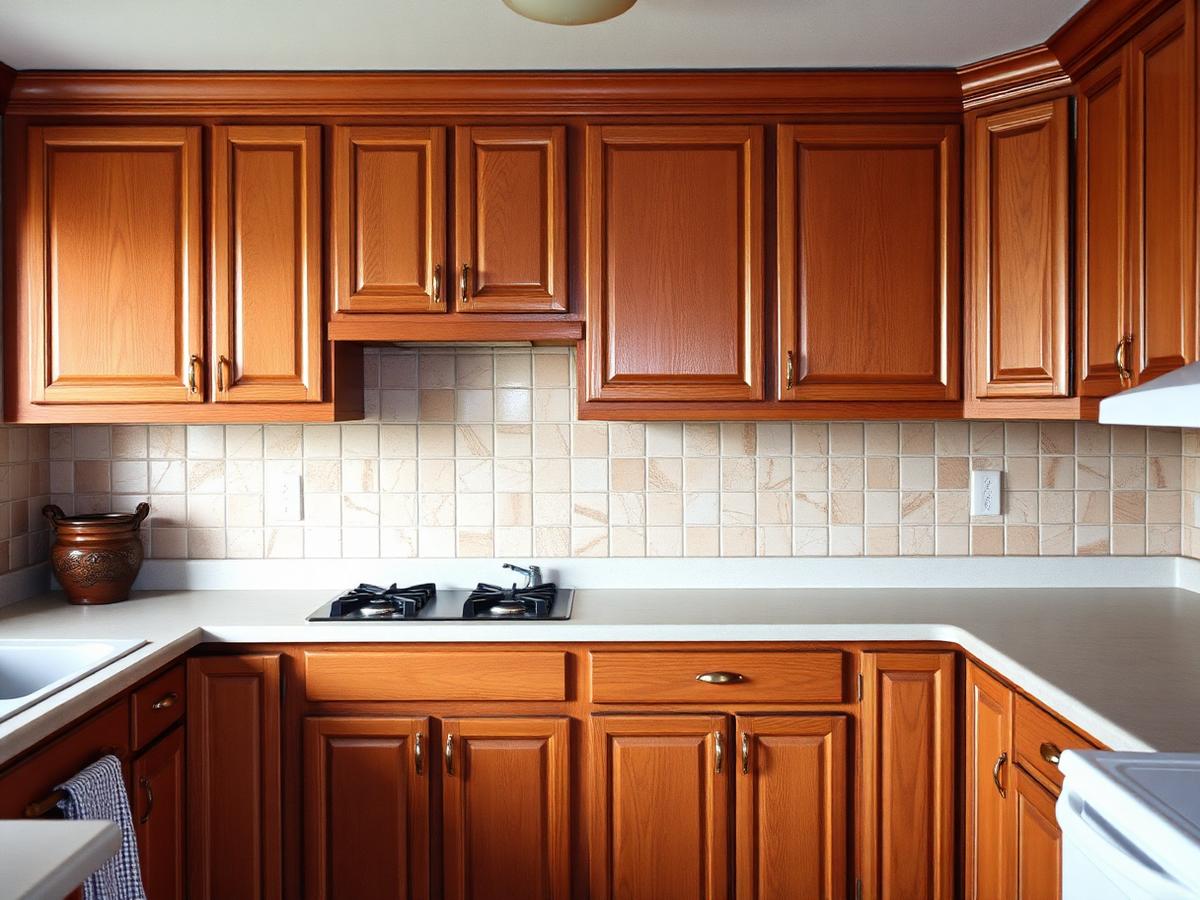 Kitchen with warm wood-stained oak cabinets and visible grain