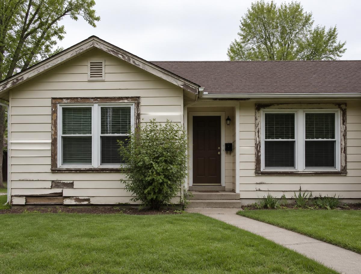 House exterior with rotted window trim, peeling paint, and damaged siding boards
