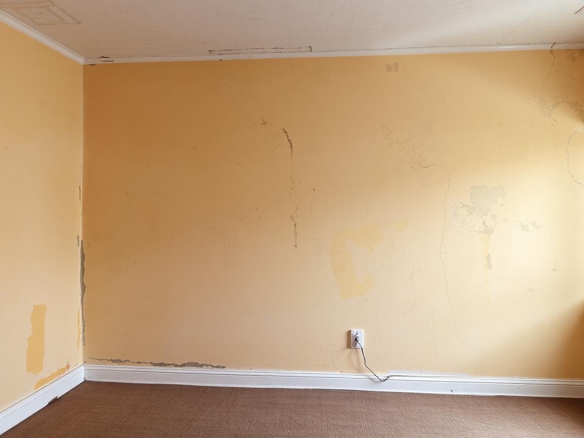 Living room wall with old yellowed paint, scuffs, and stains